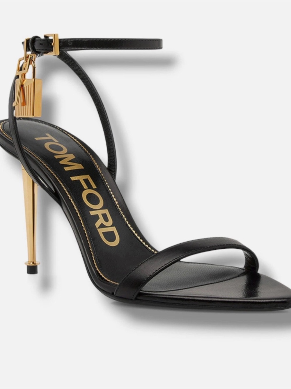 Tom Ford Black Leather Stiletto Sandal with Gold Heel Accents
